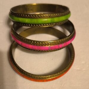 Vintage Brass Tone Inlaid Colorful Bangles , Pre Owned , Vintage